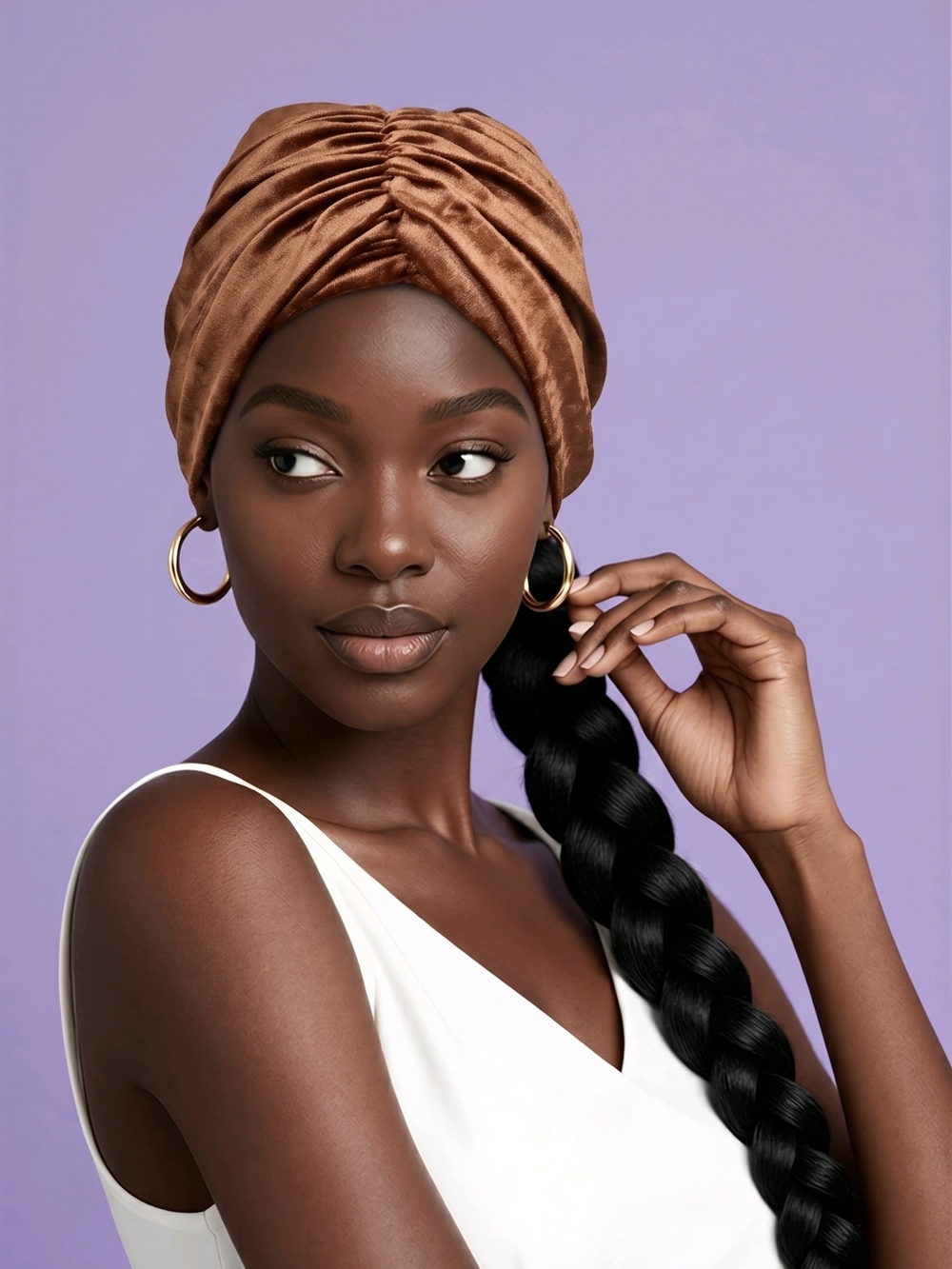 Ruched Velvet Turban Headwrap in Light Brown